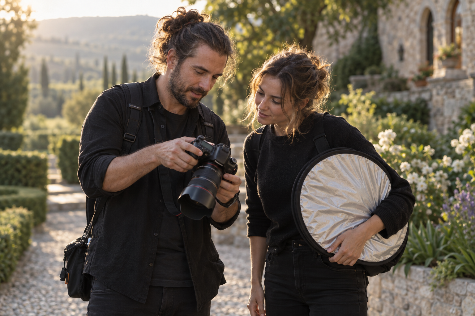 Two photographers reviewing a camera together during an outdoor shoot, with a reflector ready beside them