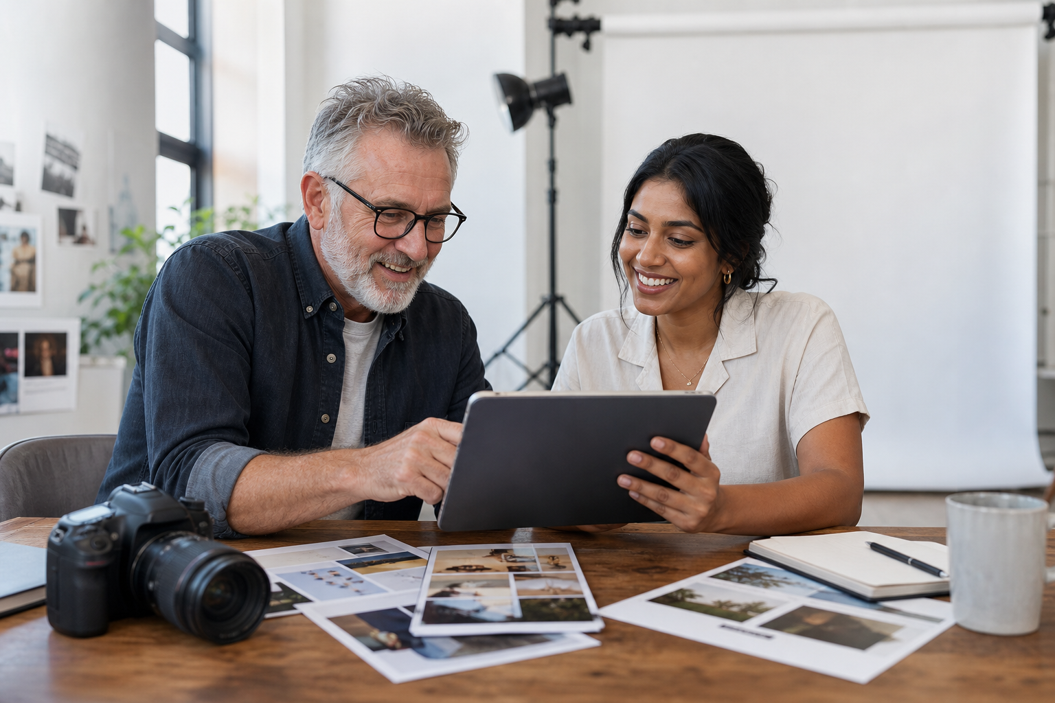 A photographer and client reviewing their confirmed shoot together