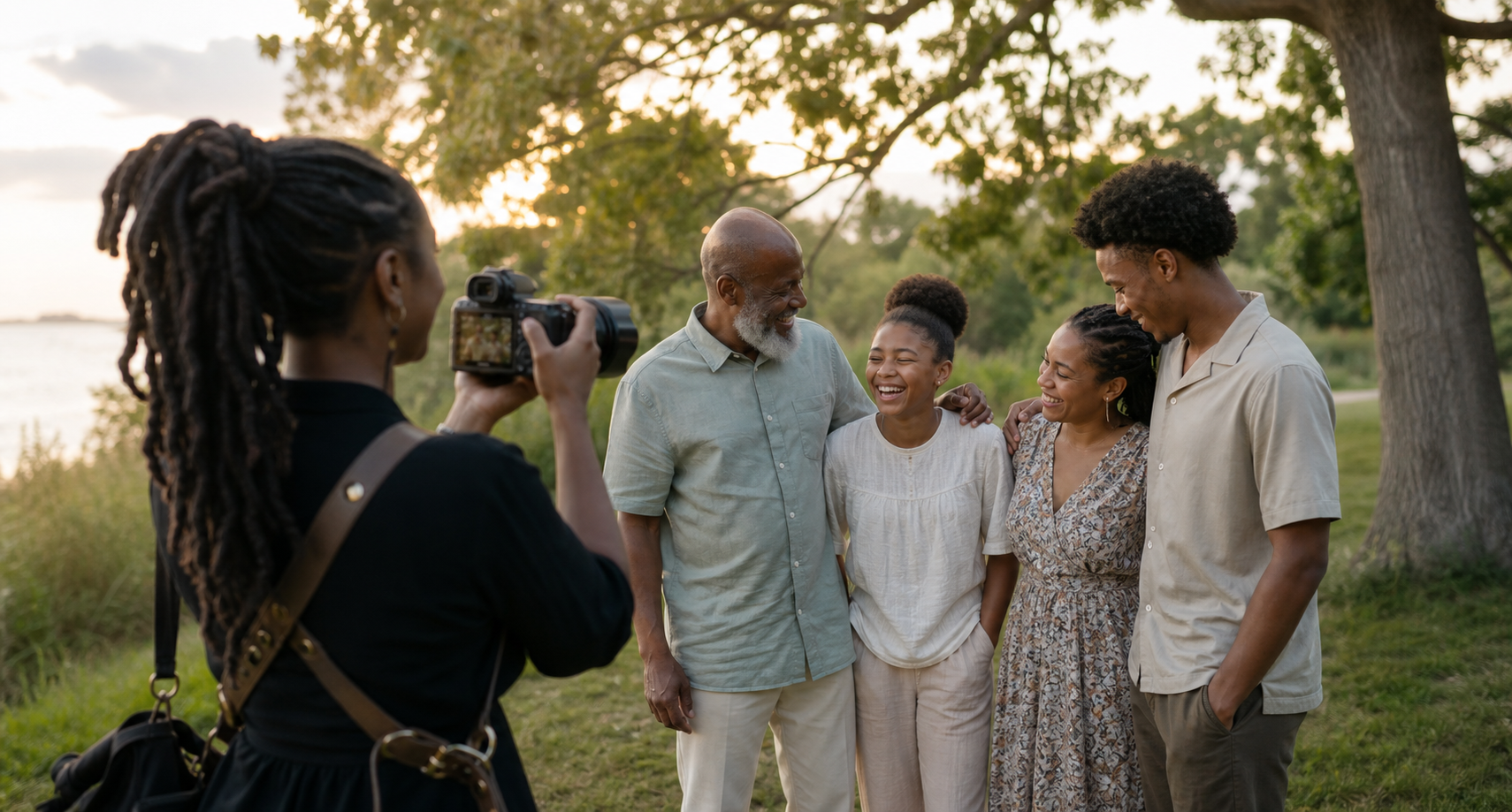 A photographer working with a family during a portrait session