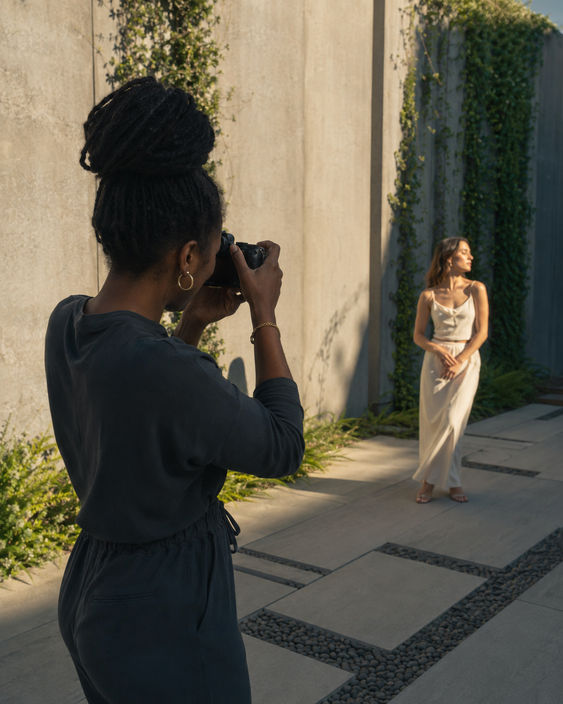Photographer creating portraits in a sunlit outdoor courtyard